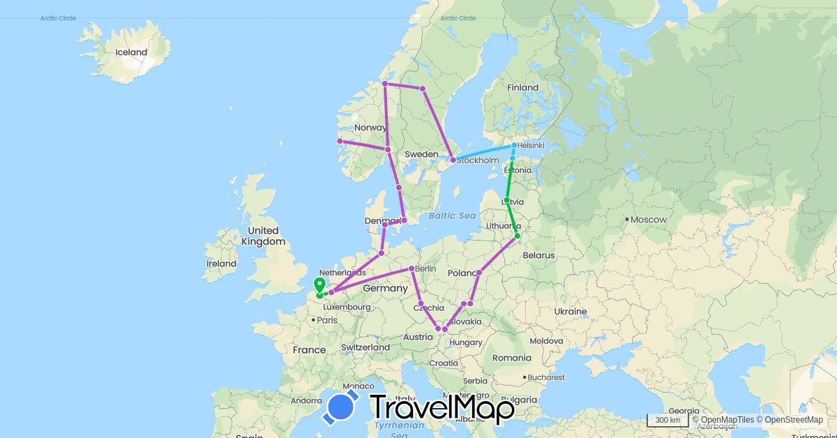 TravelMap itinerary: driving, bus, train, boat in Austria, Belgium, Czech Republic, Germany, Denmark, Estonia, Finland, France, Lithuania, Latvia, Norway, Poland, Sweden, Slovakia (Europe)